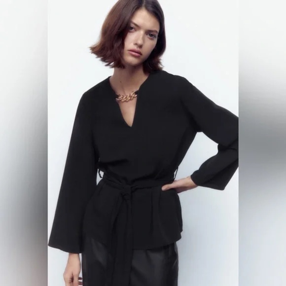 Zara belted black top with gold chain aplique